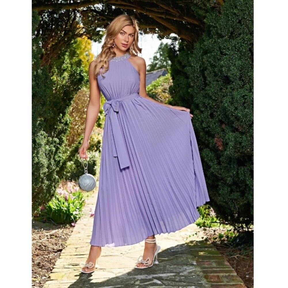 Beautiful Rhinestone Lilac Halter Style Pleated Dress - Picture 4 of 5